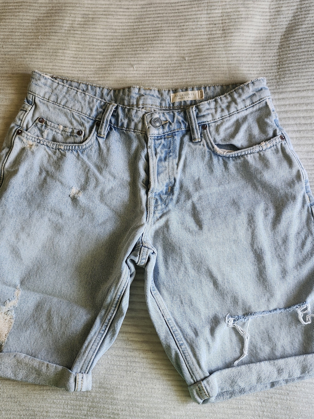 AllSaints Mens 31 Switch Short Damaged Light Wash Blue Distressed Jean Buttoned